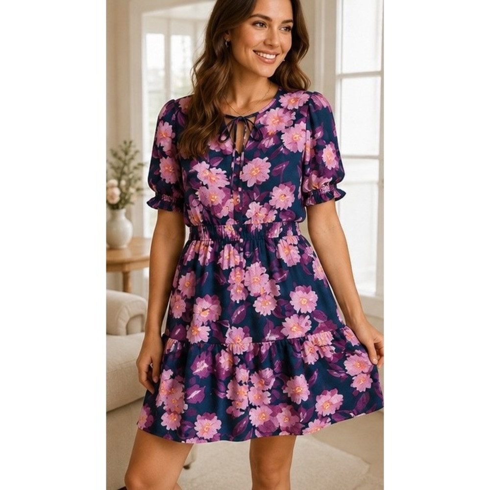 Draper James Dress M Navy Purple Pink Floral Puff Sleeve Tie Neck Tiered Midi